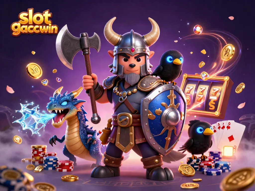 Spin the reels of slot gacor maxwin with a Viking warrior, fierce dragon, and vibrant casino elements.