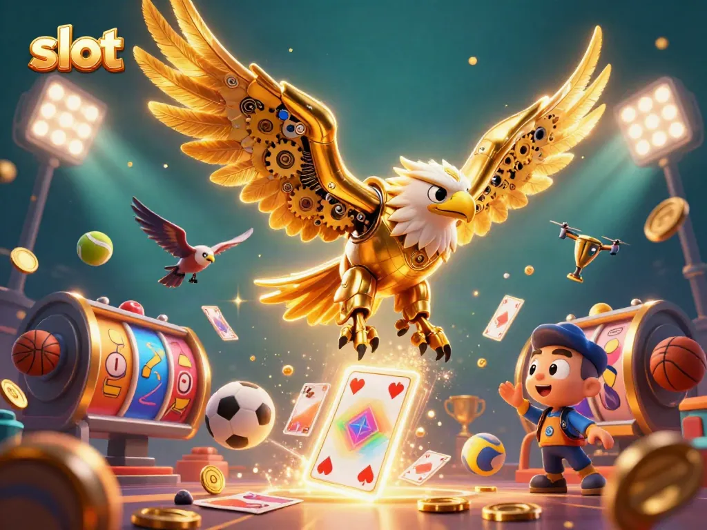 Experience the excitement of slots with a dynamic scene featuring a golden eagle amidst holographic cards.