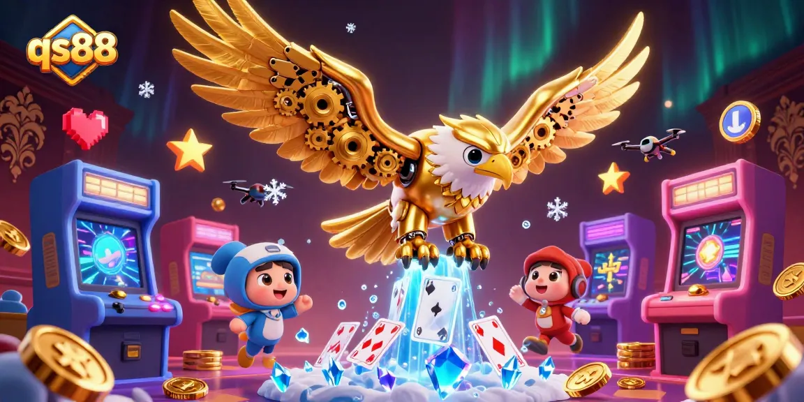Experience thrilling gameplay with qs88, featuring a golden eagle diving through holographic cards.