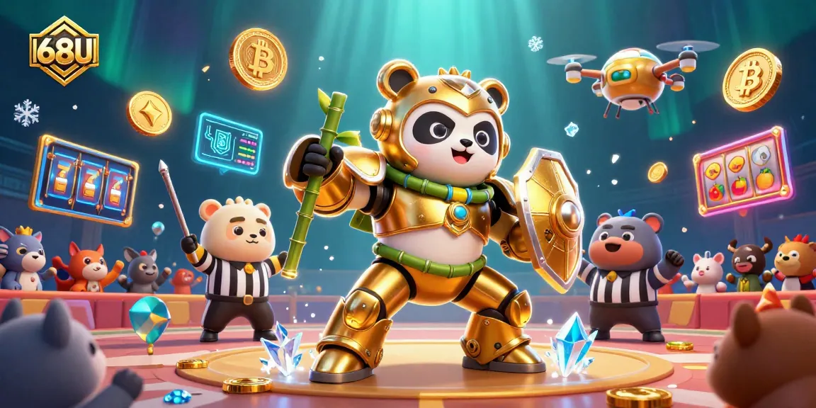 68U apresenta uma cena vibrante de cassino com panda mech e robô em um ambiente iluminado por criptomoedas.