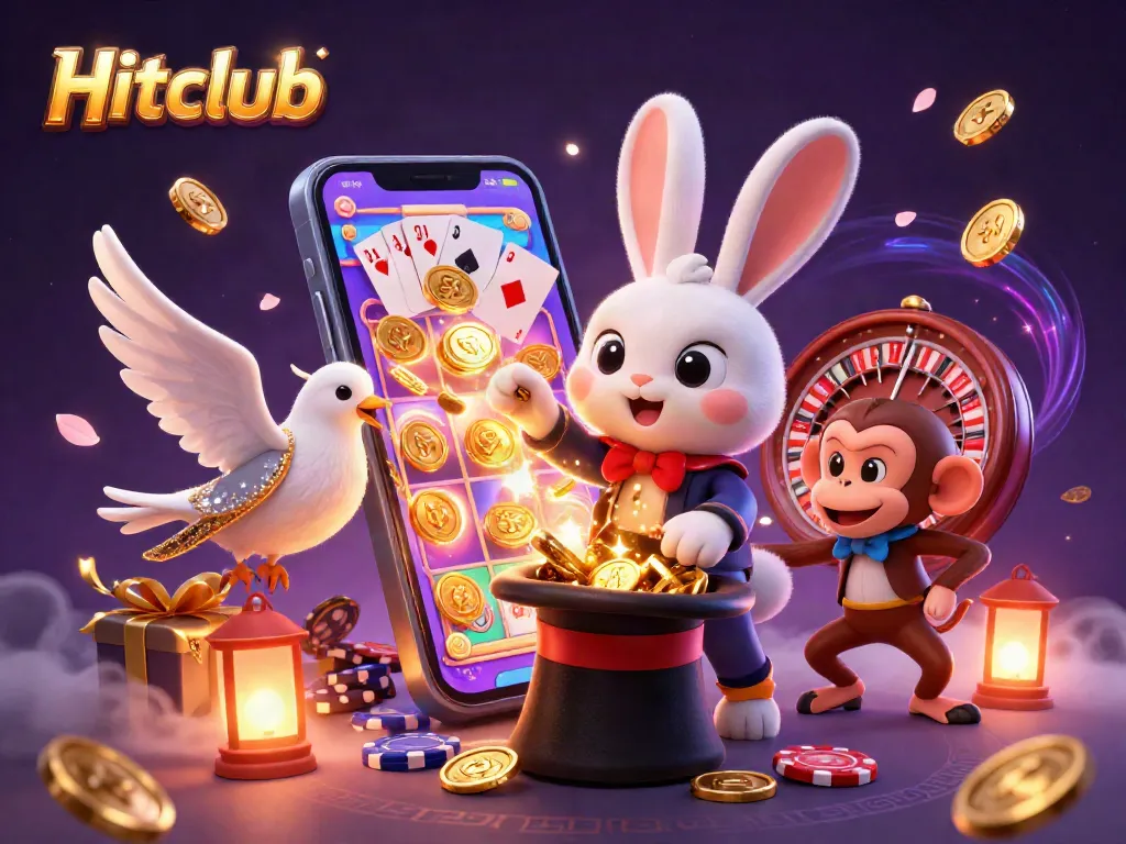Experience the excitement of Hitclub as a magician rabbit conjures golden coins, highlighting dynamic casino action.