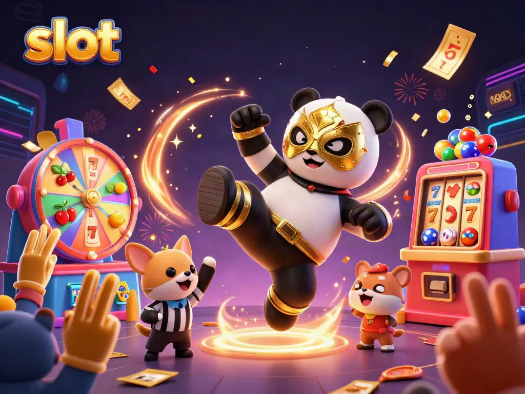 Visualisasi slot yang menarik dengan panda penggulat, chihuahua wasit, dan penonton hewan bersemangat di latar belakang kasino.
