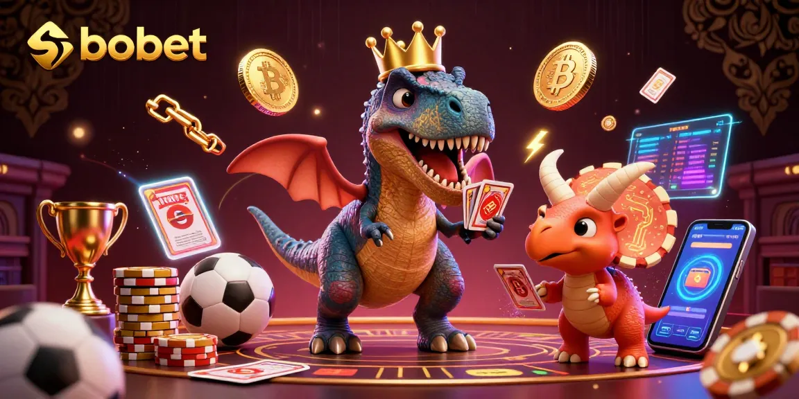 SBOBET showcases a fun casino scene with T-Rex and friends betting on the 2026 World Cup.