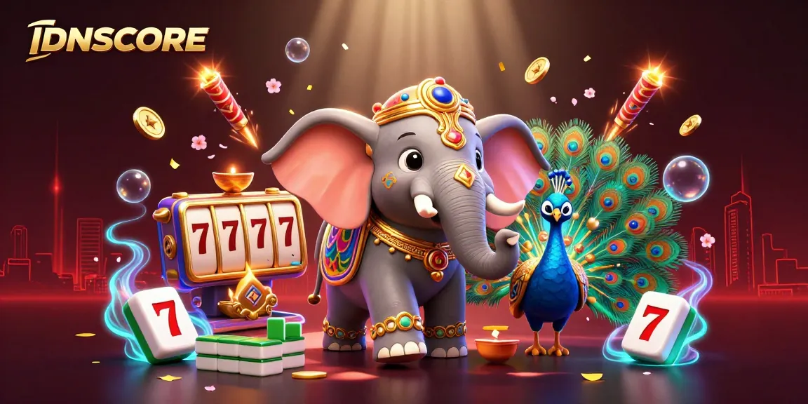 Engage with IDNSCORE's vibrant online slot experience amidst festive elements and lucky charms.