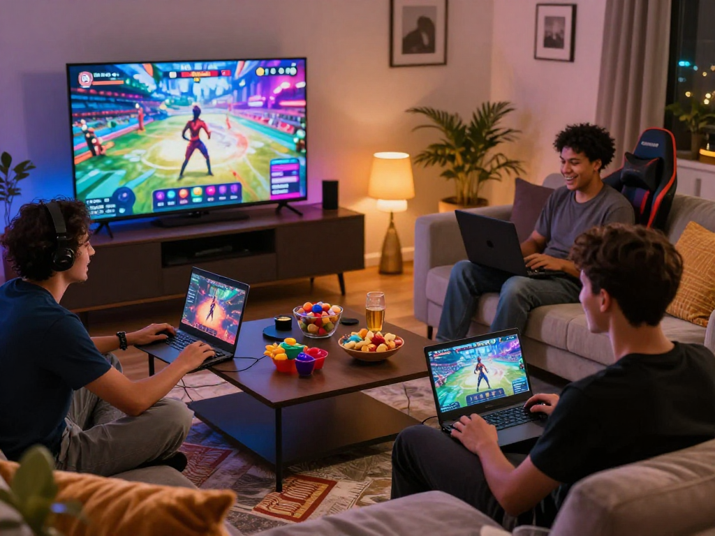 Players enjoying real sex games in a cozy living room setting with vibrant screens and snacks.