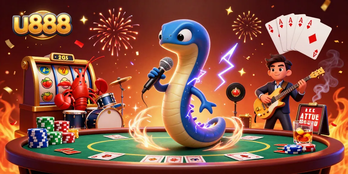 Exciting u888 underwater casino scene with a DJ eel and whimsical band performing amidst vibrant slot machine elements.