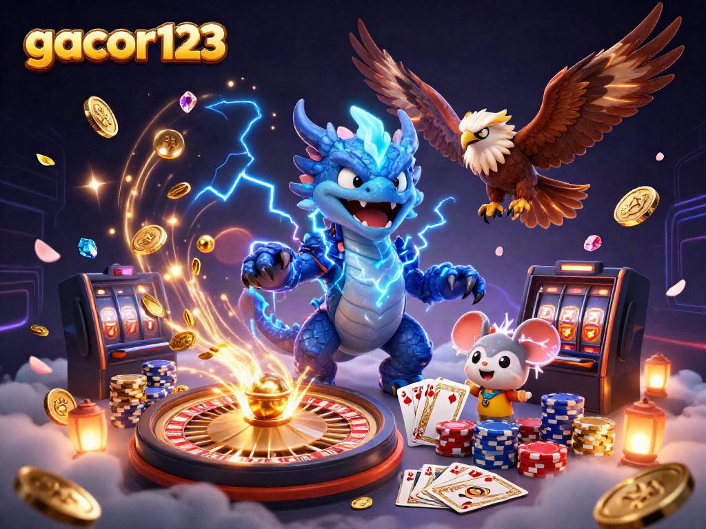 Engage with gacor123's exhilarating gaming experience with vibrant slot and casino features in a dynamic 3D scene.
