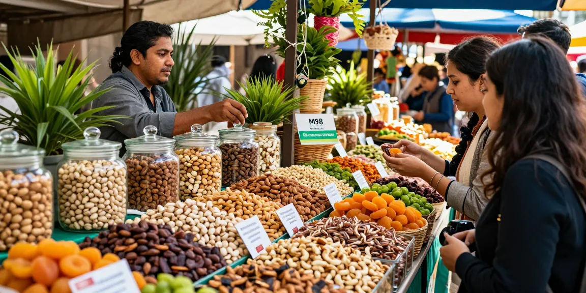 Fresh mixed nuts and dried fruits at a lively market highlighting M98 ฝาก-ถอน service.