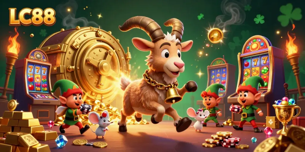 Engage with LC88's enchanting casino magic where festive characters delightfully interact amidst slot machines.