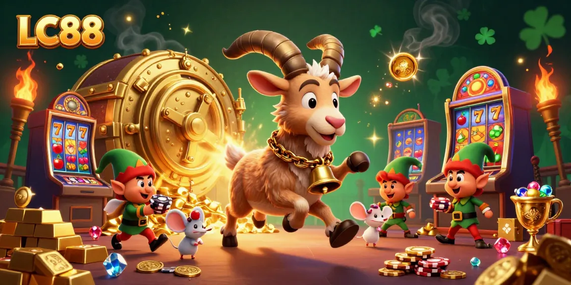 Engage with LC88's enchanting casino magic where festive characters delightfully interact amidst slot machines.