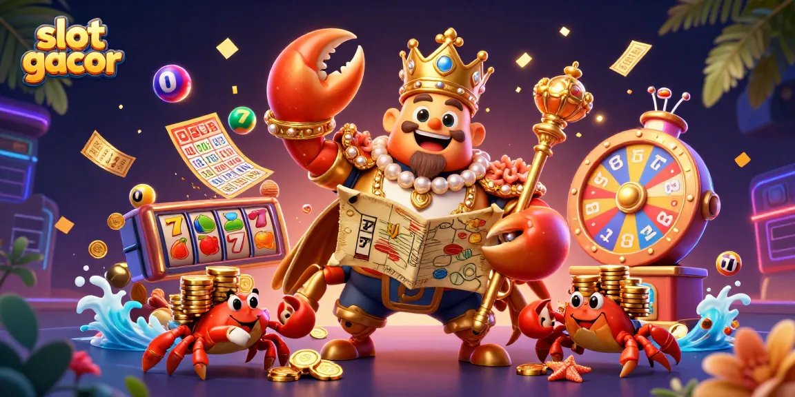 Experience the excitement of slot gacor games with a golden crab emperor surrounded by lively casino elements.
