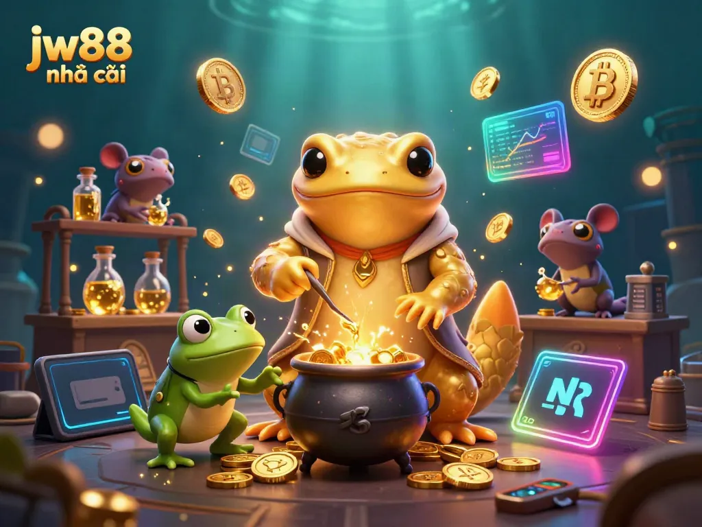 Engage in thrilling action with jw88 nhà cái, featuring a cartoon alchemist and gold treasures.