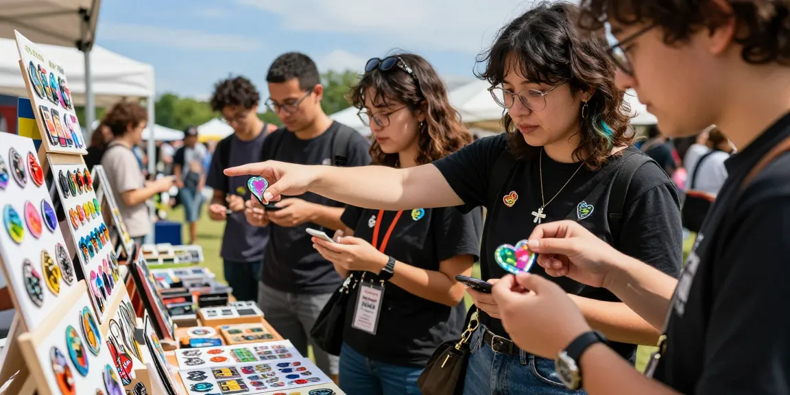 Engaging outdoor market scene displaying vibrant acrylic pins in diverse designs.