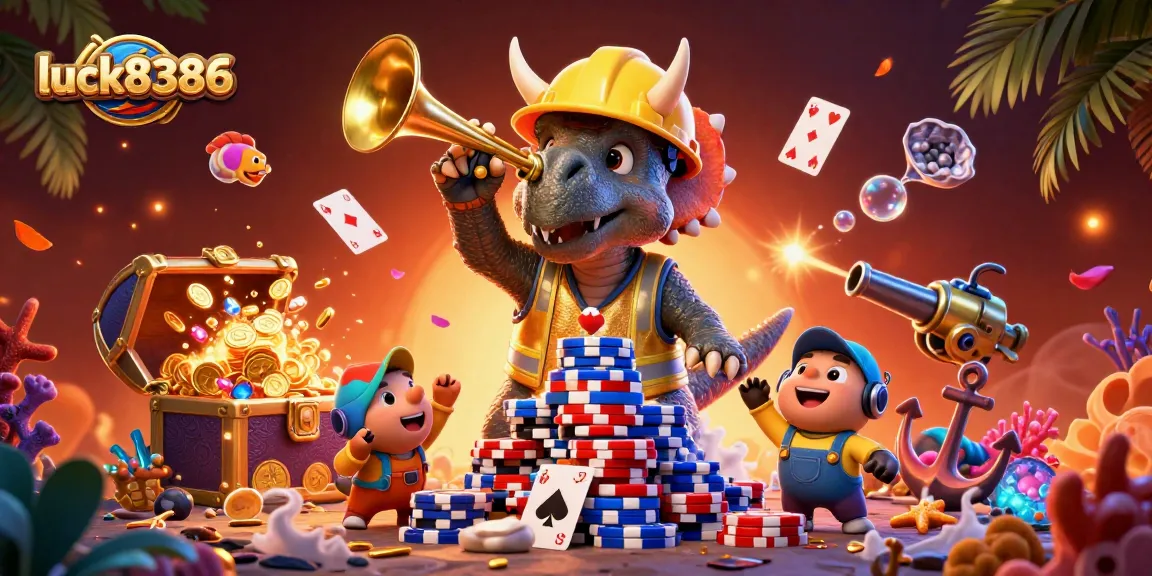 Engage with luck8386 while witnessing a joyous celebration of casino gaming elements in a vibrant 3D illustration.