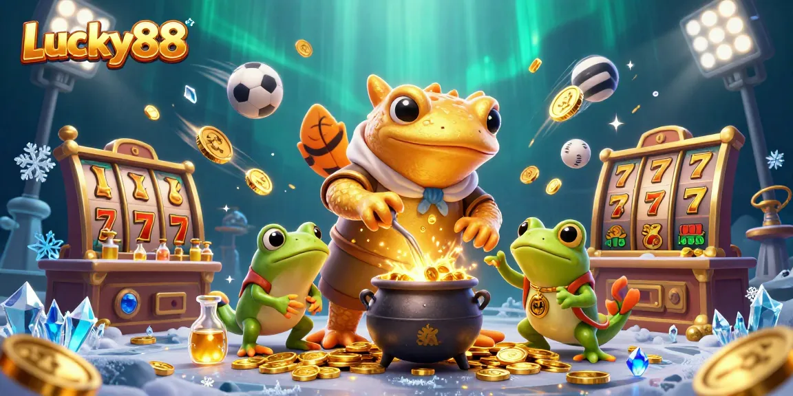 Lucky88 showcases a magical scene with a golden salamander alchemist transmuting coins amidst dynamic sports elements.