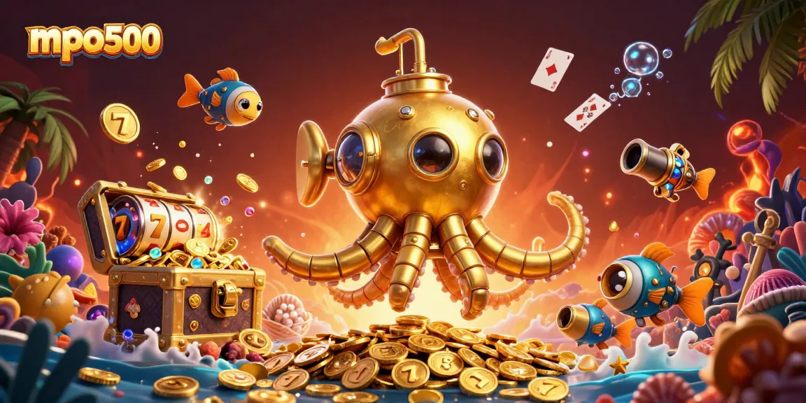 Join mpo500 for thrilling slot adventures with a golden kraken submarine amidst riches and game excitement.