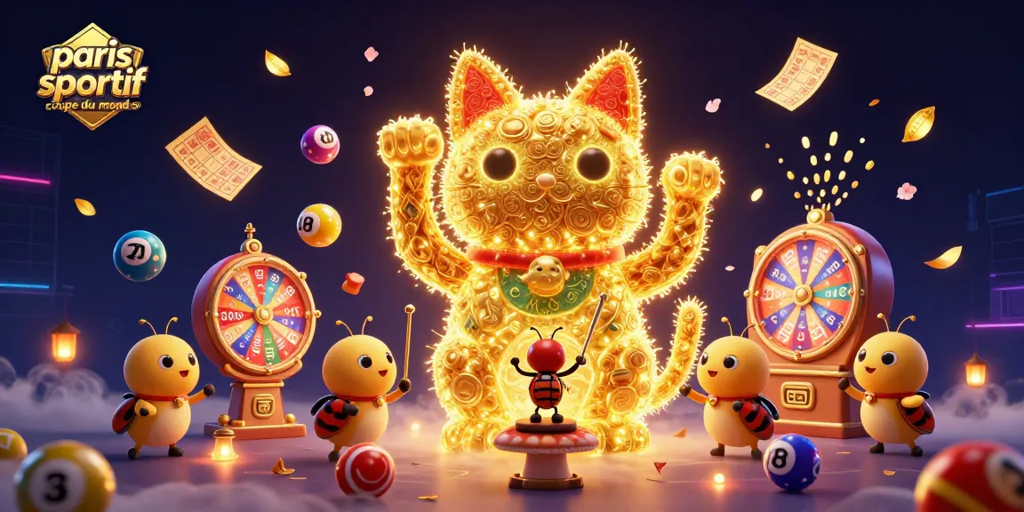 Découvrez les paris sportifs de la Coupe du Monde avec un immense chat porte-bonheur et des éléments de jeu captivants.