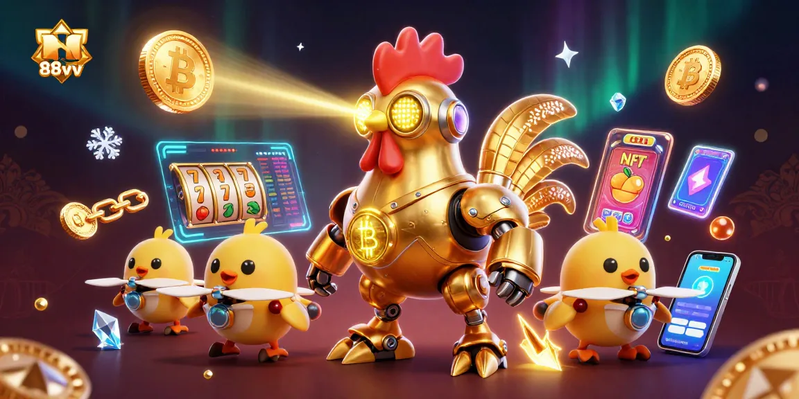 Experience the vibrant casino atmosphere of 88vv with a golden rooster robot and crypto elements.