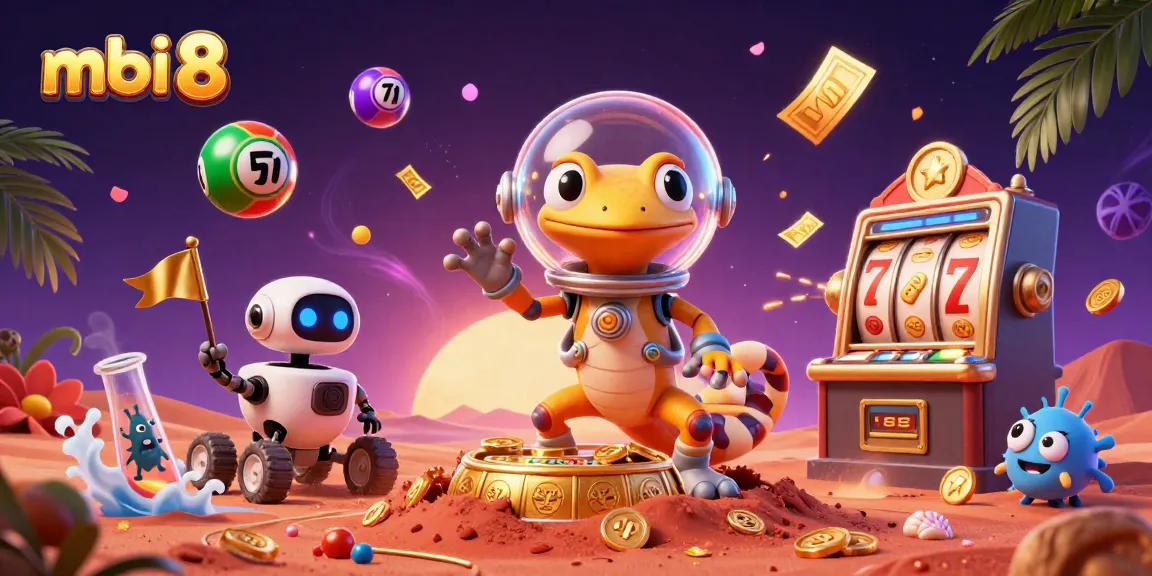 Experience the excitement of mbi 8 with a vibrant 3D casino scene featuring slots and lottery action.