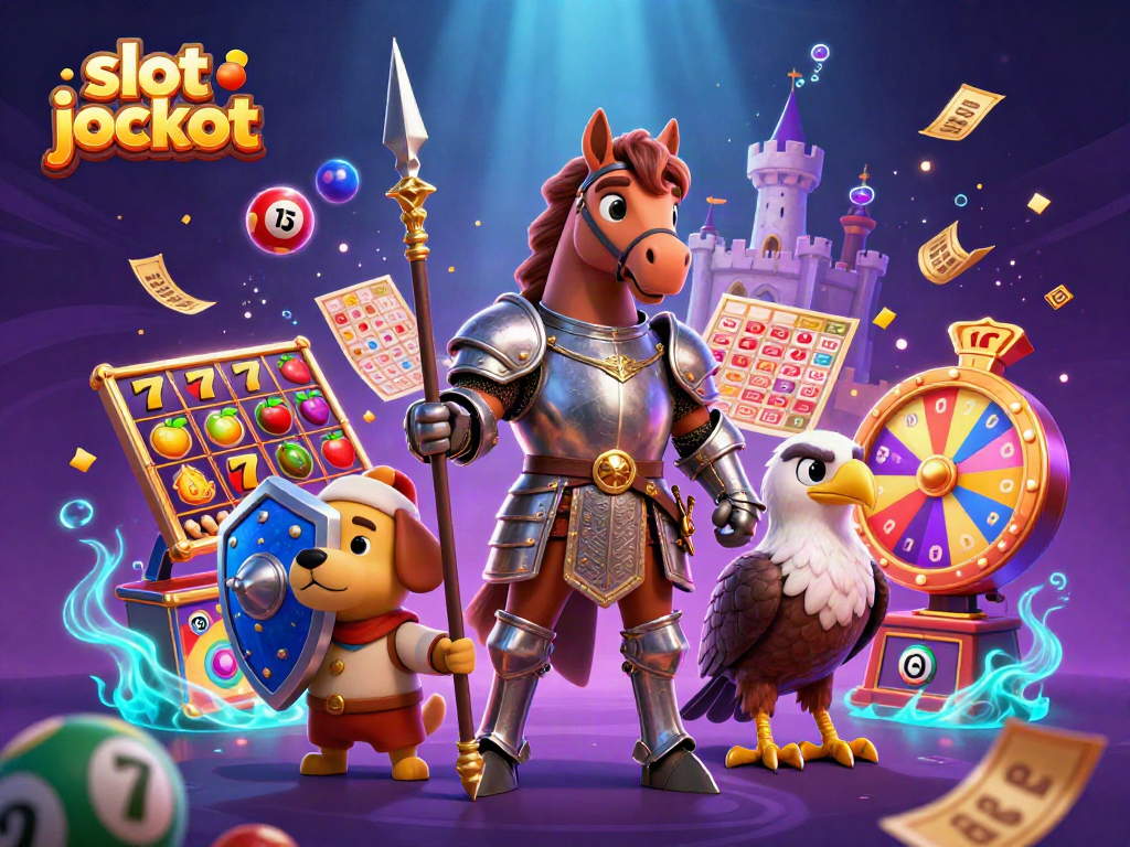 Witness the excitement of a slot jackpot with a medieval knight, a squire puppy, and a falcon amidst colorful casino elements.