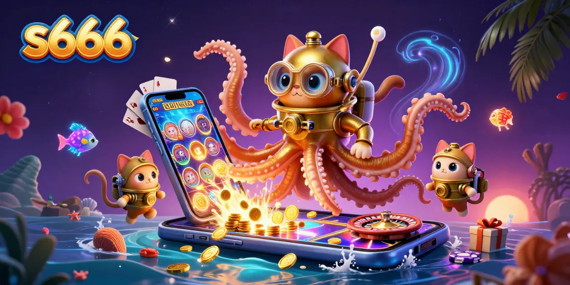 Experience thrilling gameplay at s666 with a captivating kraken and diving cat in a vibrant casino scene.