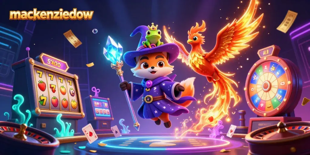 Experience exciting gameplay with mackenziedow's magical casino scene featuring a wizard fox, phoenix, and vibrant slot symbols.