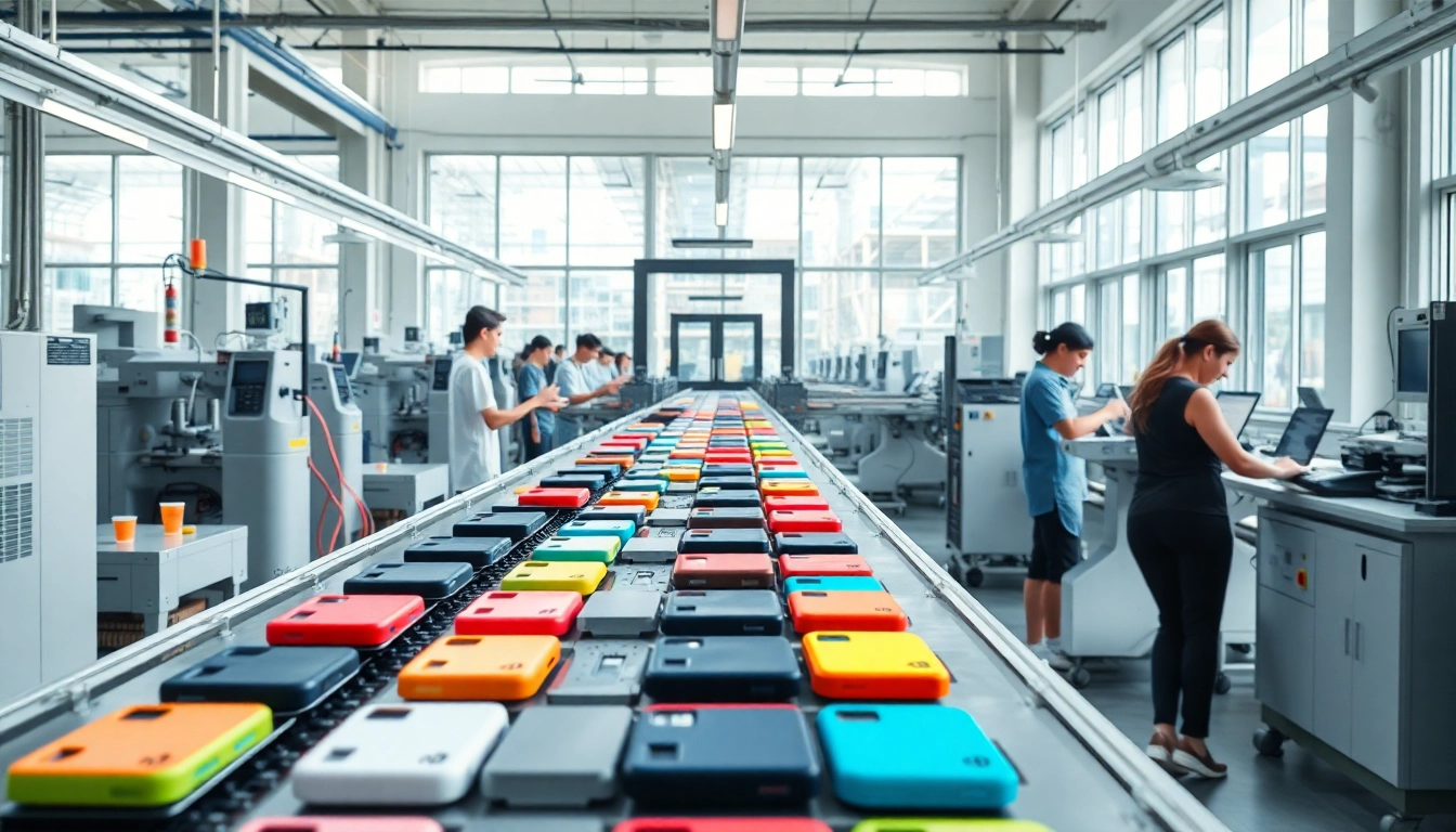 Visualize a dynamic cell phone case factory illustrating vibrant production processes and advanced machinery.