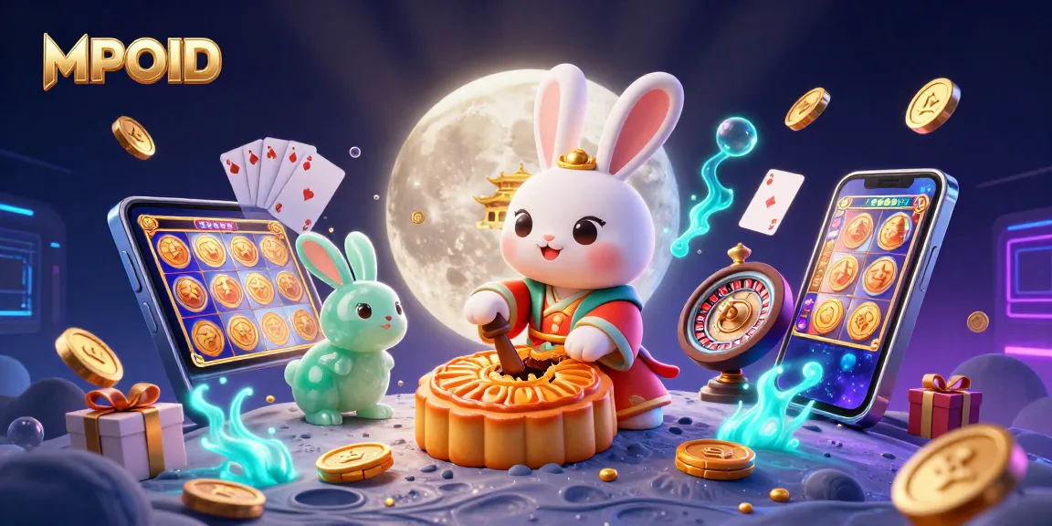 Engage with MPOID in this vibrant scene showcasing moon rabbits celebrating with poker chips, energizing gameplay elements.