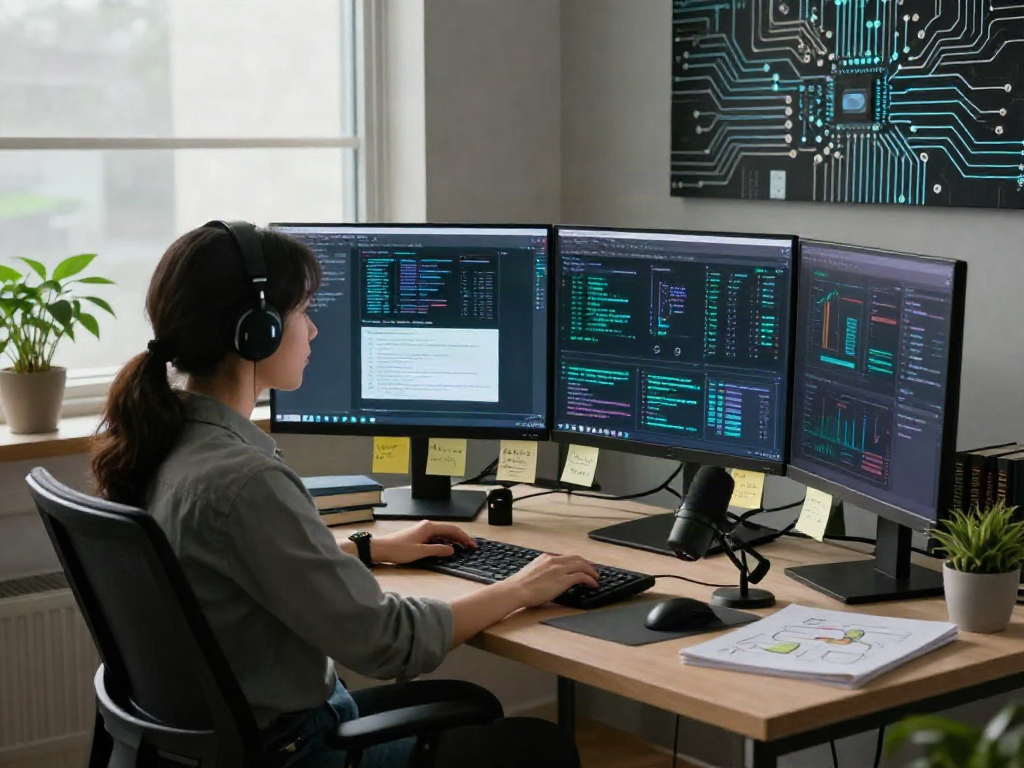 AI Detector interface on dual monitors in a modern cybersecurity workspace, showcasing technology and analysis.