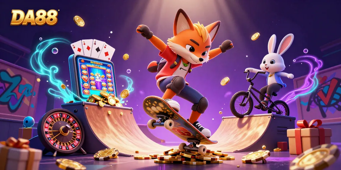 Experience DA88 excitement with cartoon fox and rabbit performing tricks in a vibrant casino scene.
