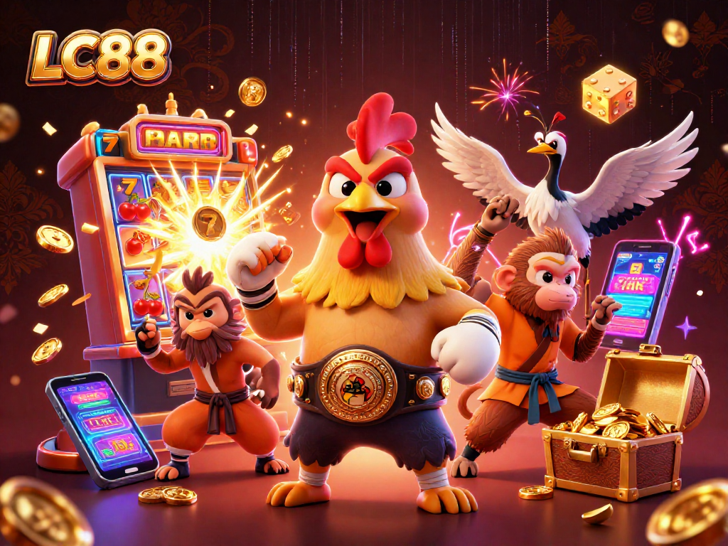 Immerse in the excitement of LC88 with a dynamic casino illustration featuring vibrant characters and jackpot symbols.
