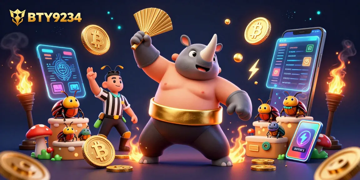 Engage with a dynamic BTY9234 casino scene featuring a sumo beetle champion and crypto elements.