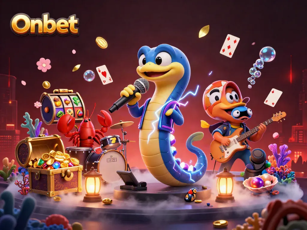 Engage with Onbet by celebrating a vibrant underwater casino scene featuring an electric eel DJ.