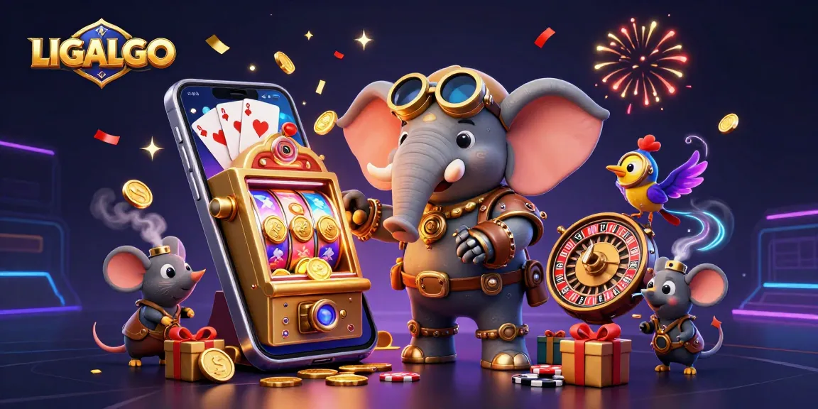 LIGALGO's steampunk elephant operates a golden slot machine amidst vibrant casino elements.