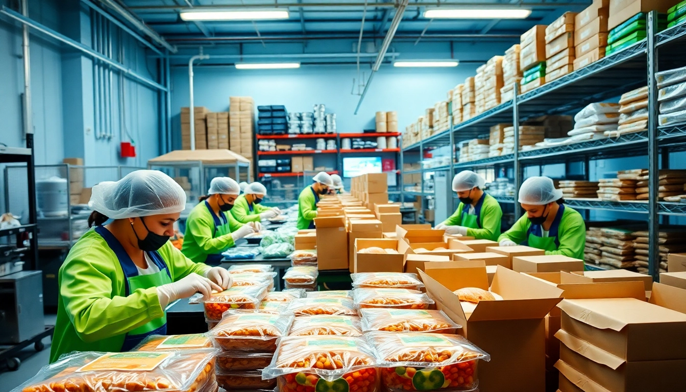 View of co packing Chicago services with workers efficiently packaging food products.
