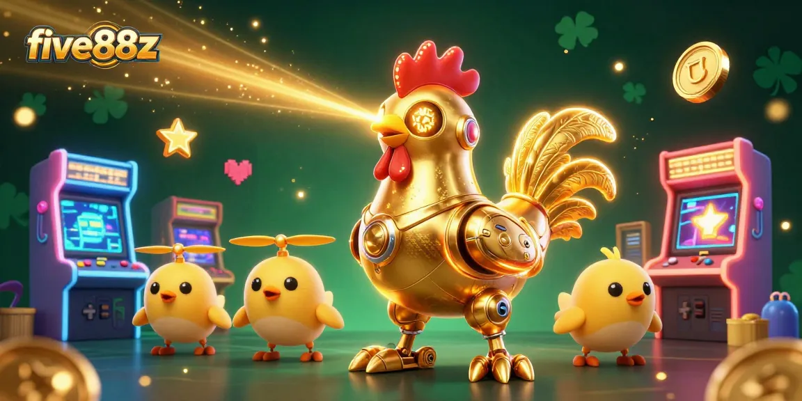 Engage in thrilling gameplay at five88z with a dynamic 3D casino illustration featuring a golden rooster robot.
