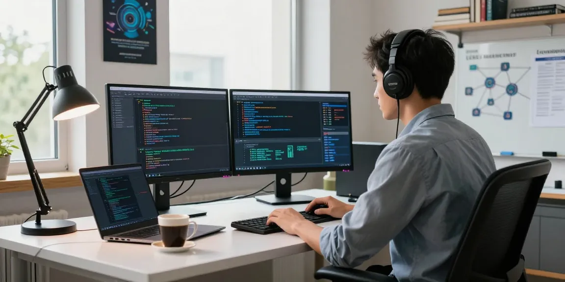 Linux administrator UK monitoring servers in a professional workspace with dual monitors and technical tools.