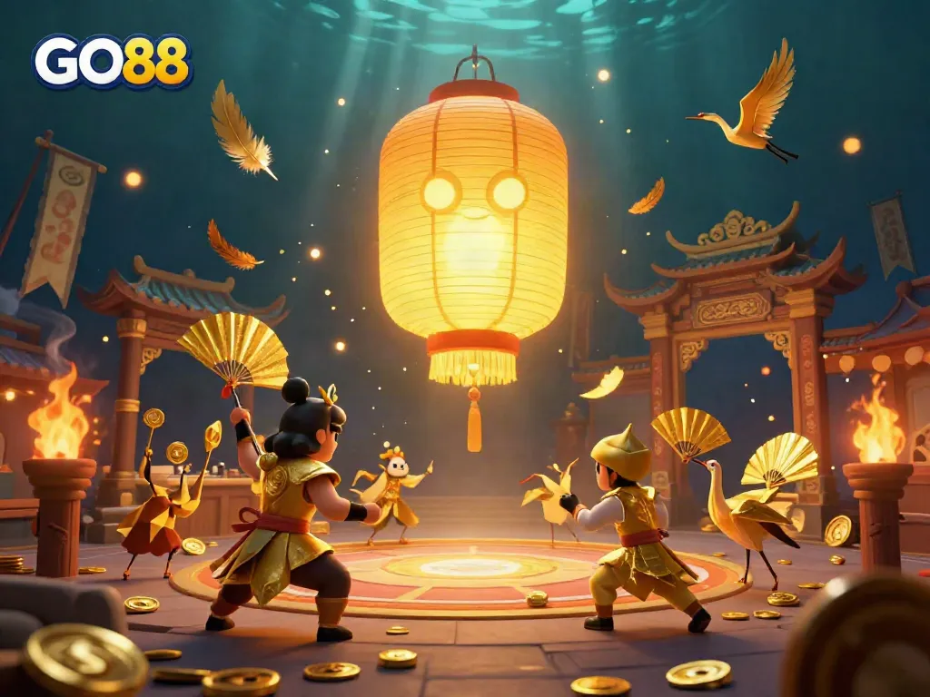 Experience the vibrant night market casino atmosphere with GO88's giant lantern spirit and golden companions.