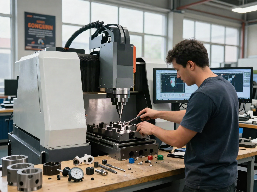 CNC machining parts being crafted by skilled technician in advanced workshop setting emphasizing precision and technology