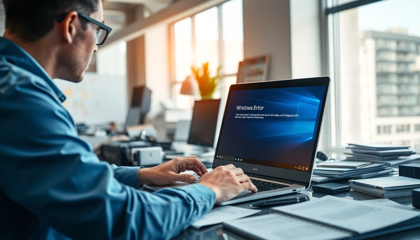 Fix Windows errors effectively; technician working on a laptop in a bright, modern office.