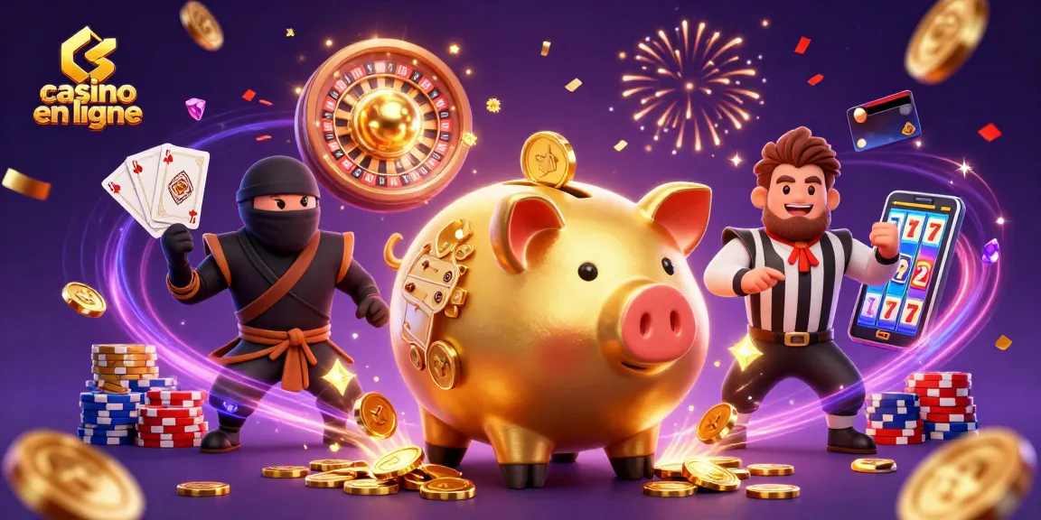 Image dynamique d'une scène de casino en ligne avec un sumo en tirelire, des pièces d'or et des cartes à jouer.