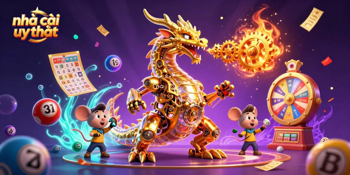 Engage with nhà cái uy tín showcasing thrilling lottery elements like colorful balls and spinning prize wheel.
