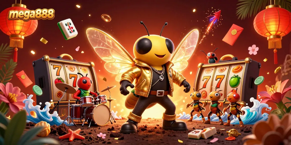 Experience mega888's thrilling gameplay with a lively rock star scene featuring slot reels and vibrant elements.