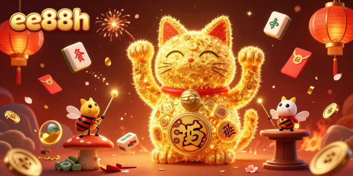 Experience the vibrant excitement of ee88h with golden fireflies forming a lucky cat in a lively casino setting.