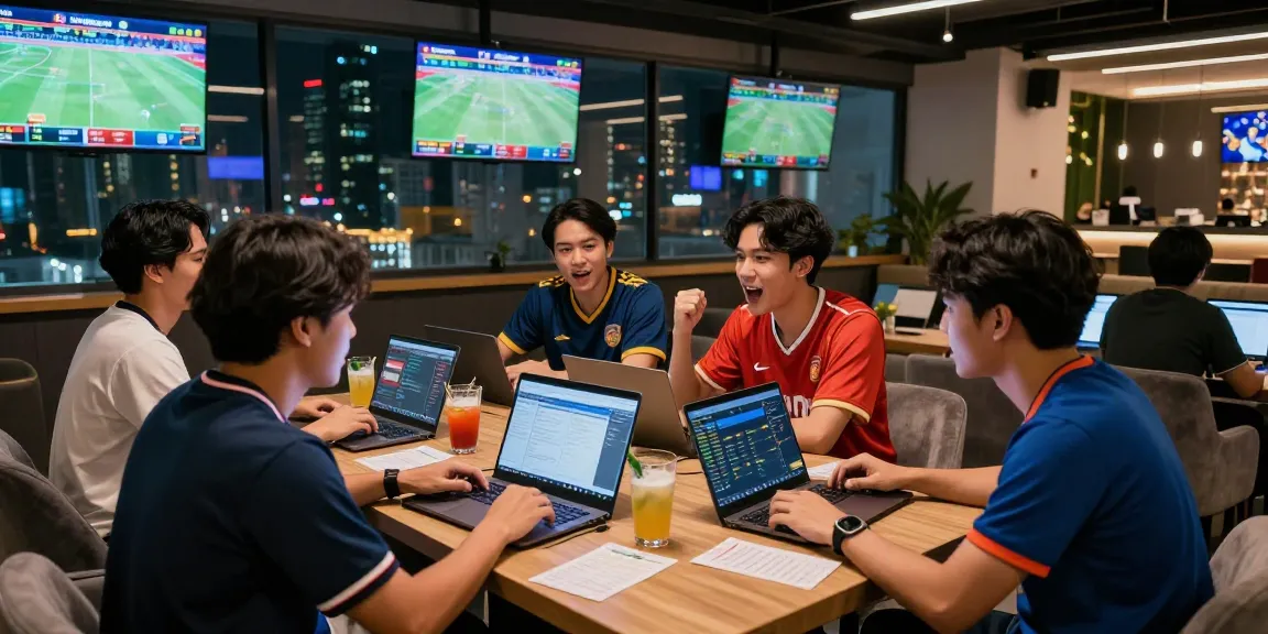 Situs Taruhan Bola Terpercaya betting experience with friends discussing strategies in a vibrant lounge.