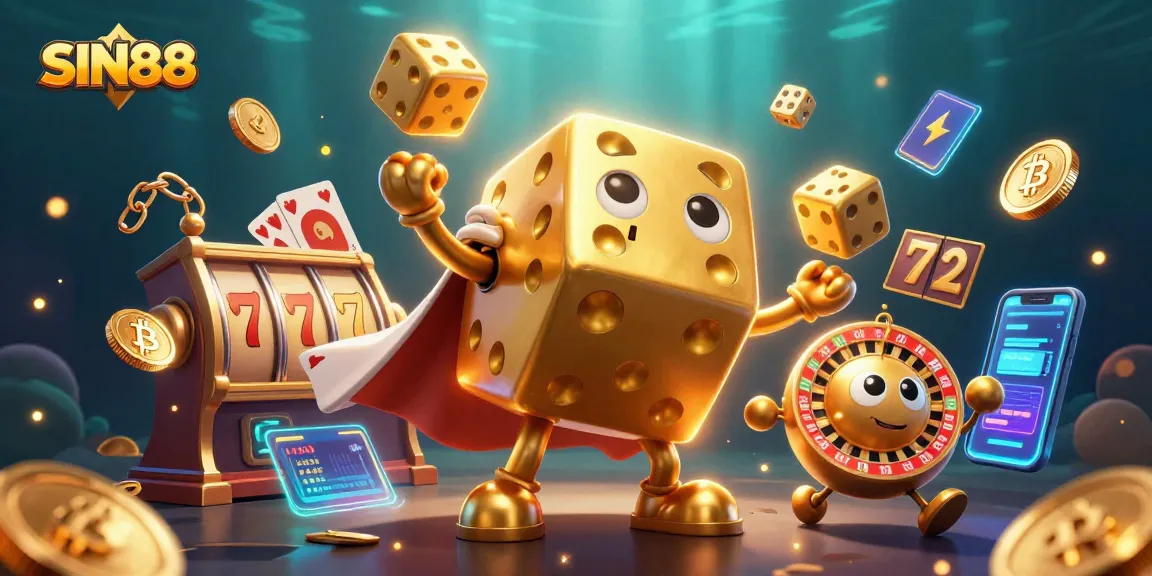 SIN88 presents a vibrant 3D scene with a golden dice golem, slot elements, and blockchain coins, illustrating dynamic casino excitement.