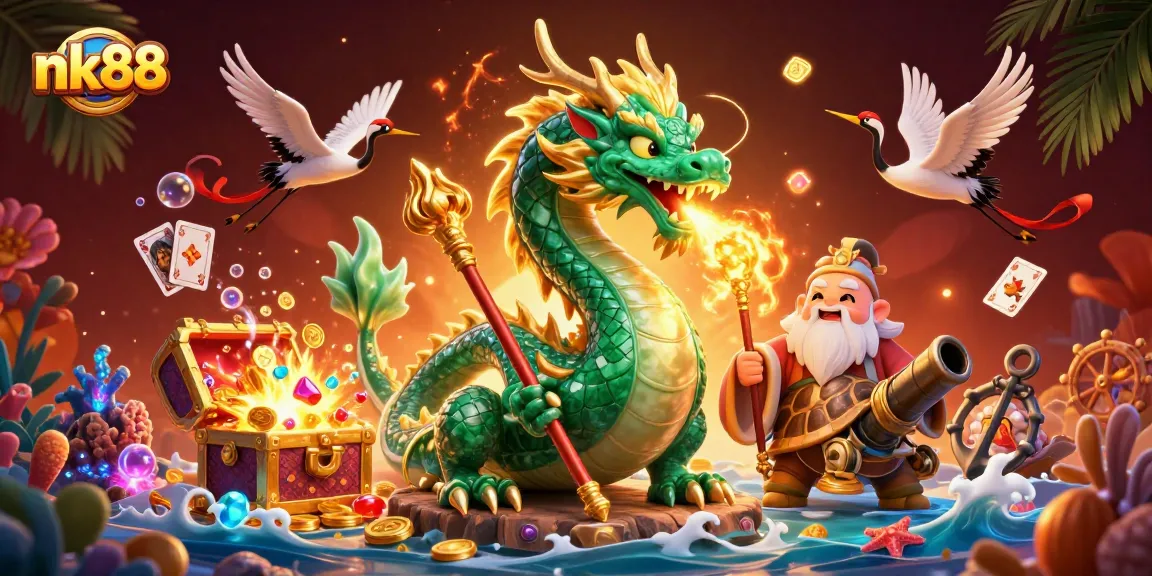 nk88 offers thrilling gaming as an emerald dragon breathes fire amid treasure and lucky symbols