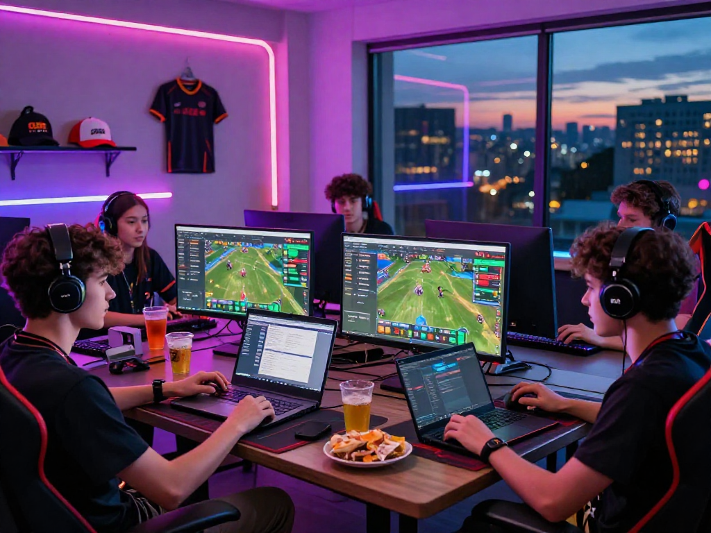 Group enjoying Bola88 online gaming platform with vibrant setup and city skyline.