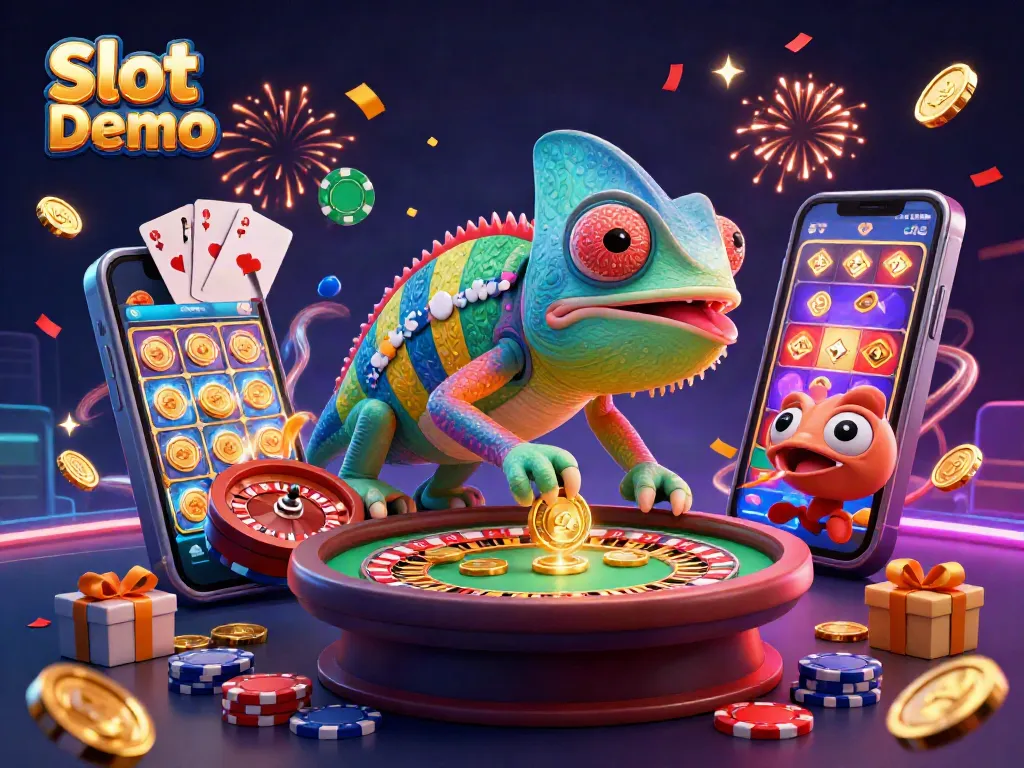Engage with Slot Demo by spinning reels on vibrant slot machines, winning golden coins, and festive casino elements.
