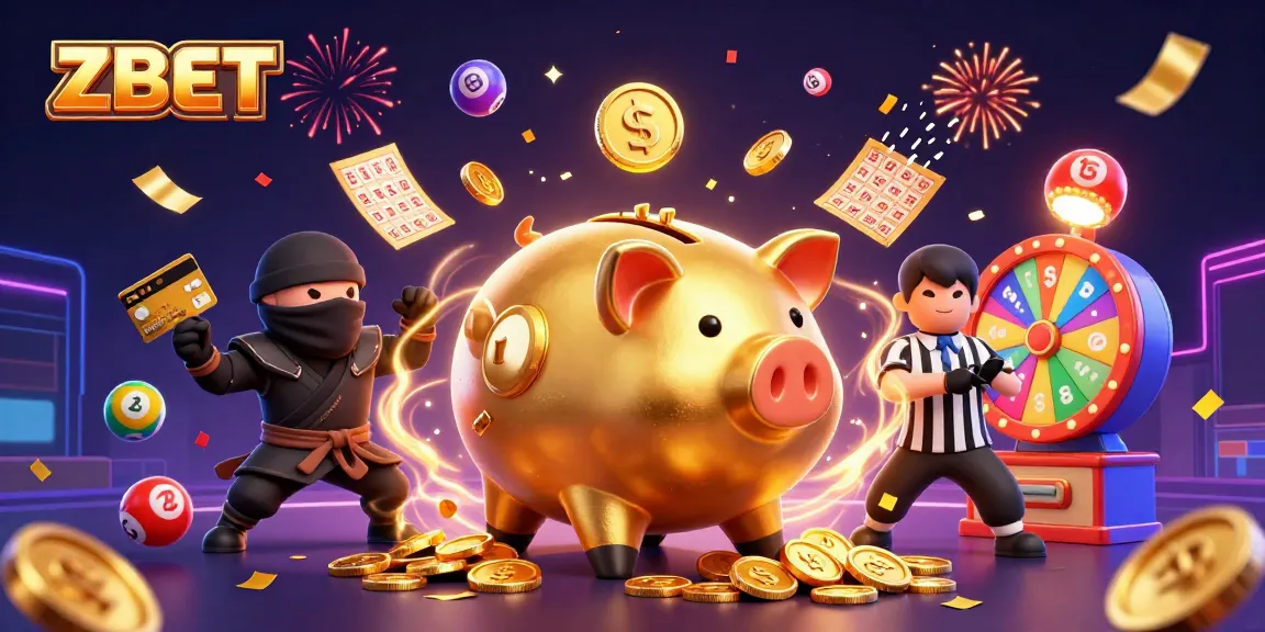 ZBET brings excitement with massive winnings from a golden piggy bank sumo wrestler and colorful lottery elements.
